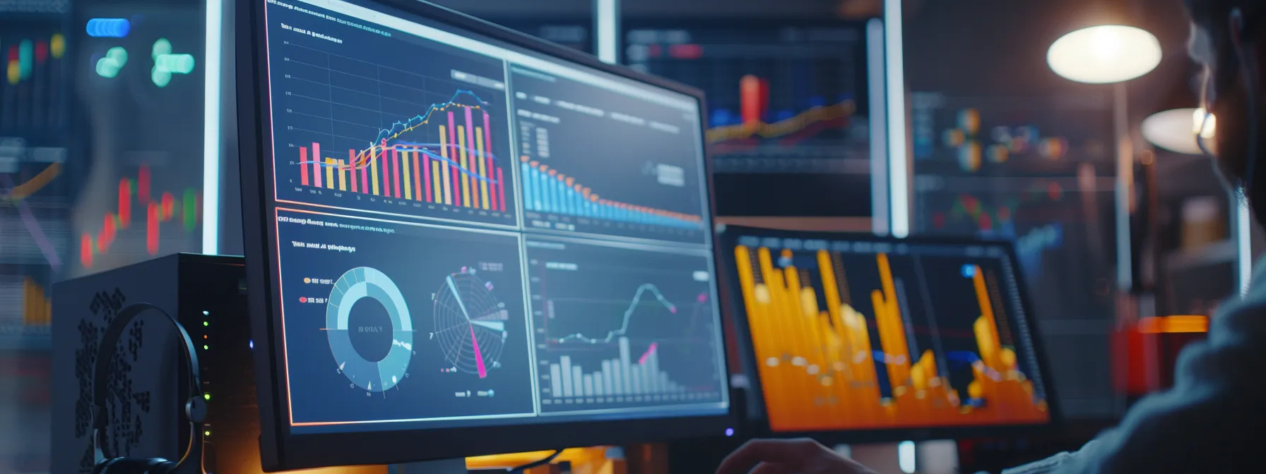 a person looking at a computer screen with various graphs and charts indicating seo visibility metrics.