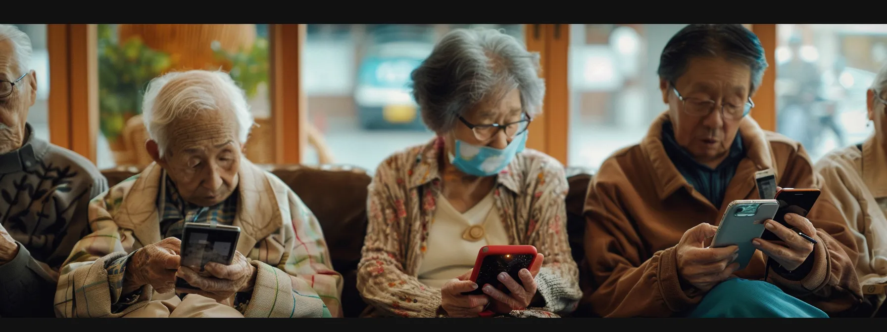 a group of elderly patients searching for geriatric care online using their smartphones.