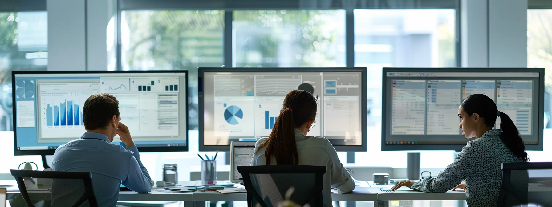 a group of people analyzing website data on multiple computer screens in a modern office setting.