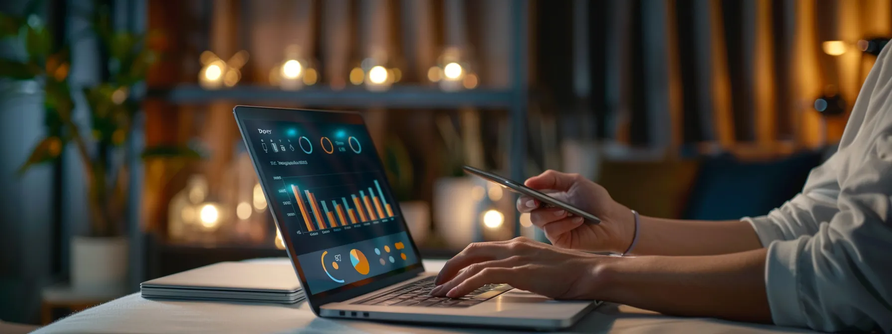 a massage therapist working on a laptop with graphs showing digital growth and seo expertise.