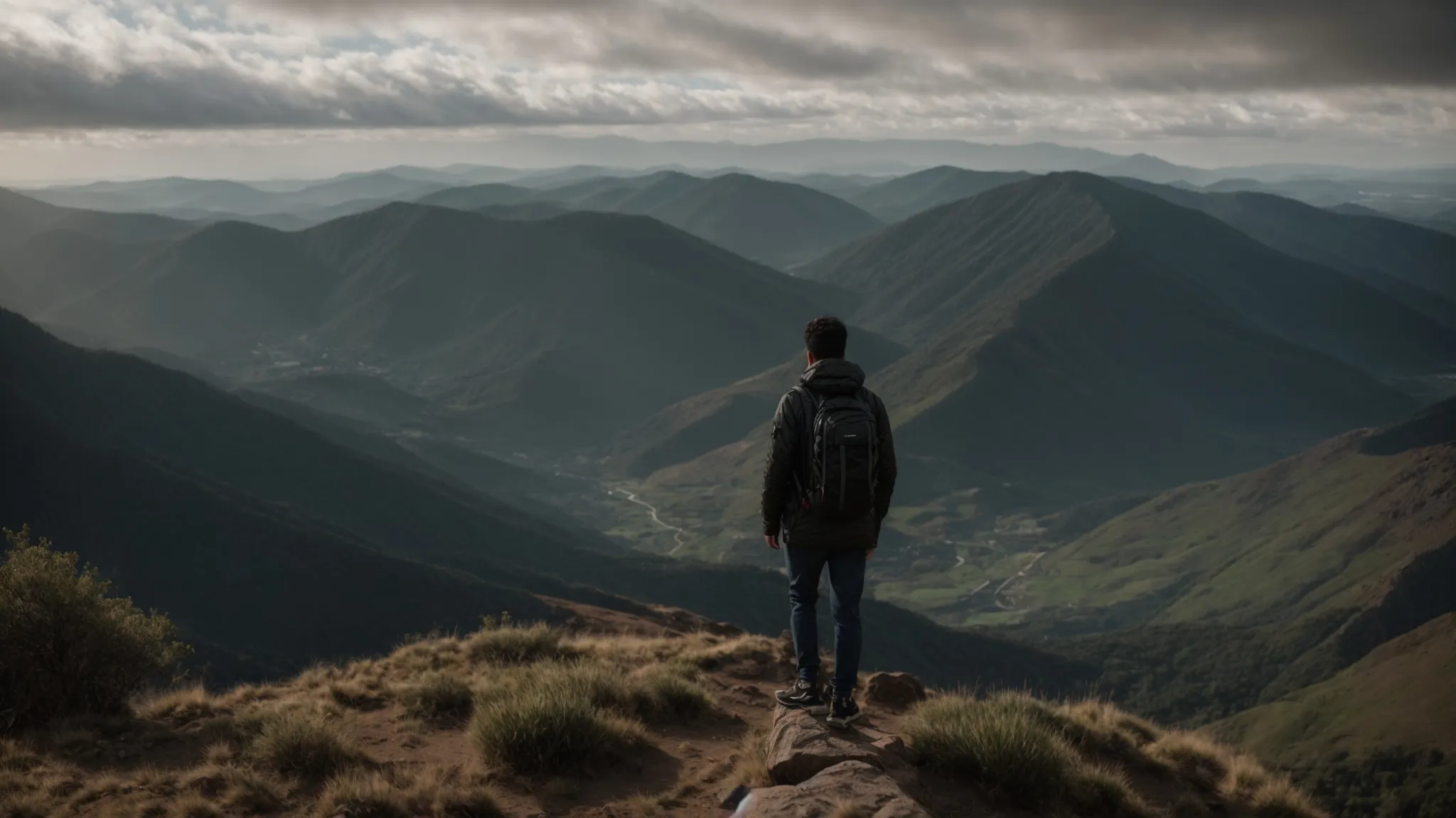 a person standing confidently at the top of a mountain, looking out at a challenging path ahead.