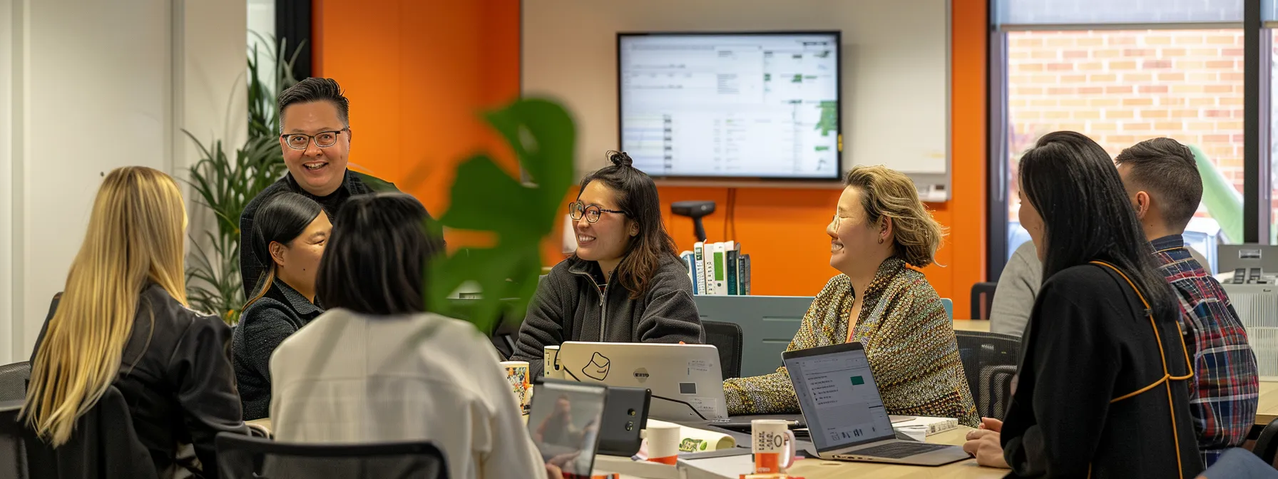 a group of people strategizing and brainstorming keyword research tactics in a vibrant melbourne office setting.