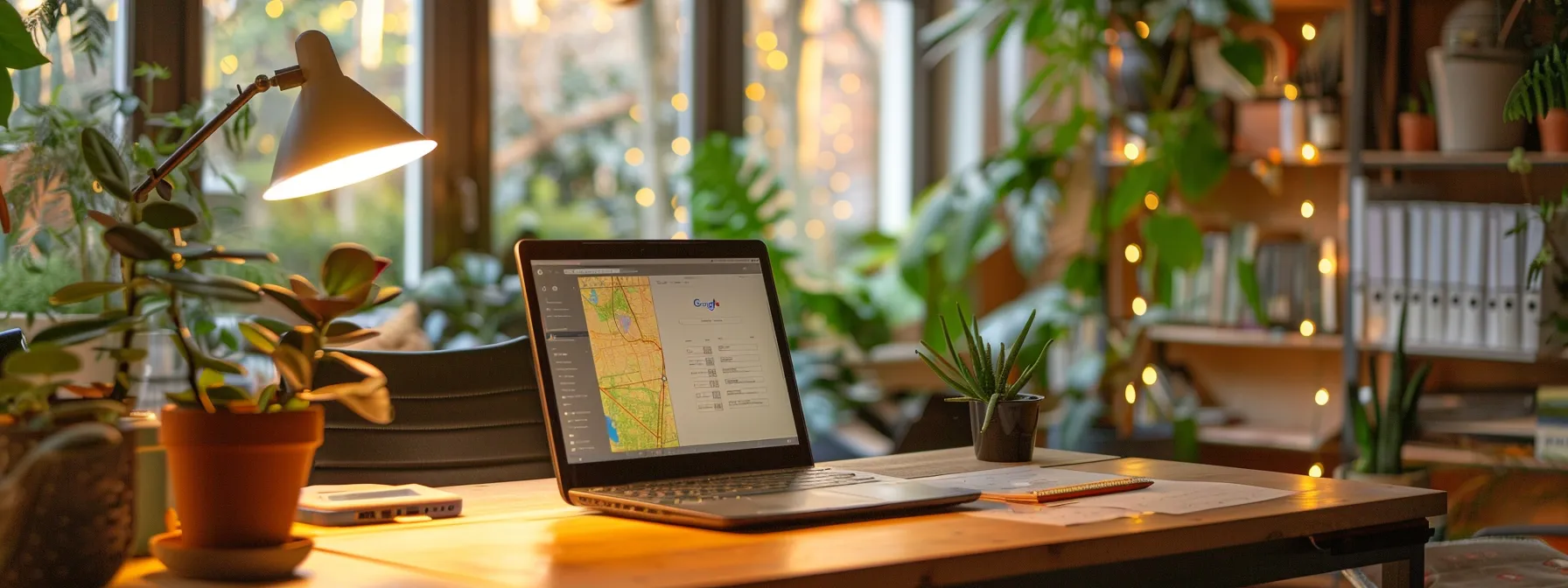 a tiling contractor updating their google my business listing on a laptop in their office.