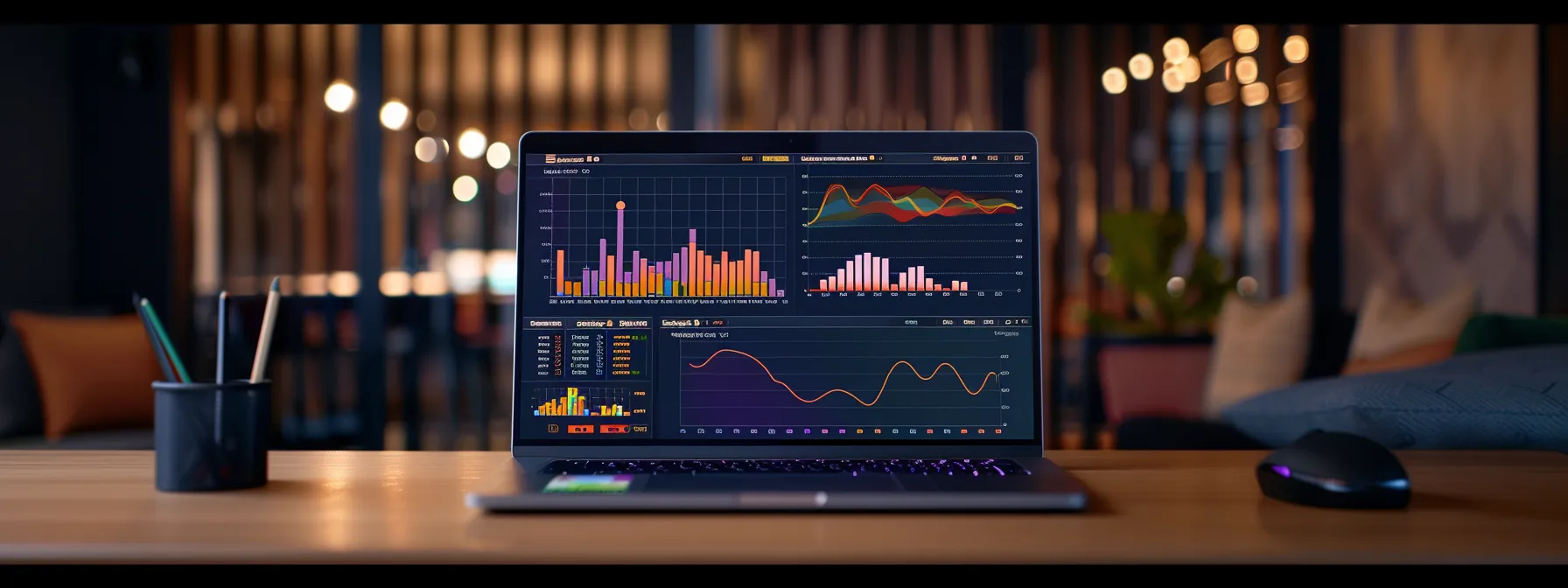 a laptop screen displaying various keyword research tools with colorful graphs and charts.