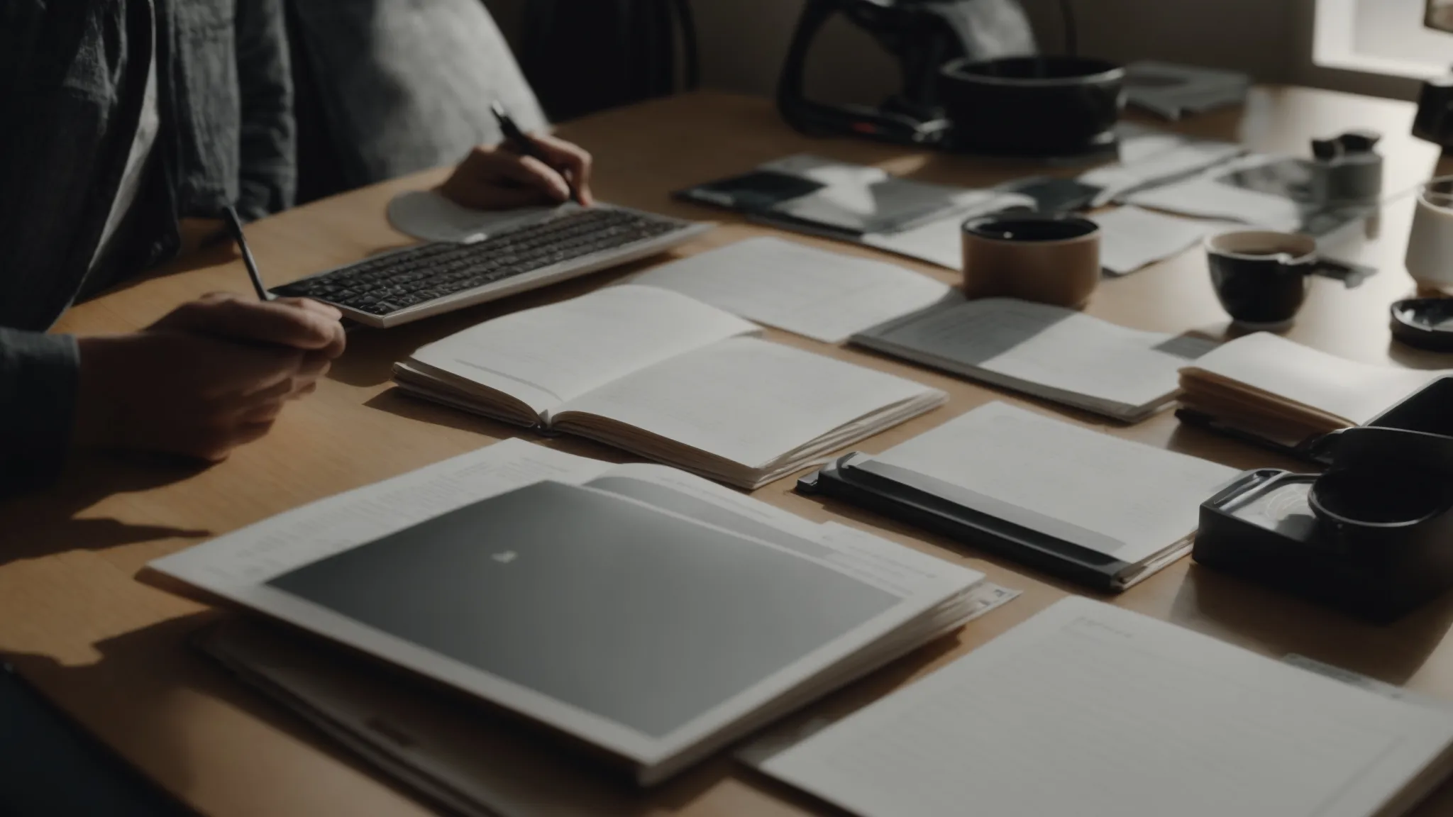 a person organizing various plans and lists on a table while analyzing resources and objectives.