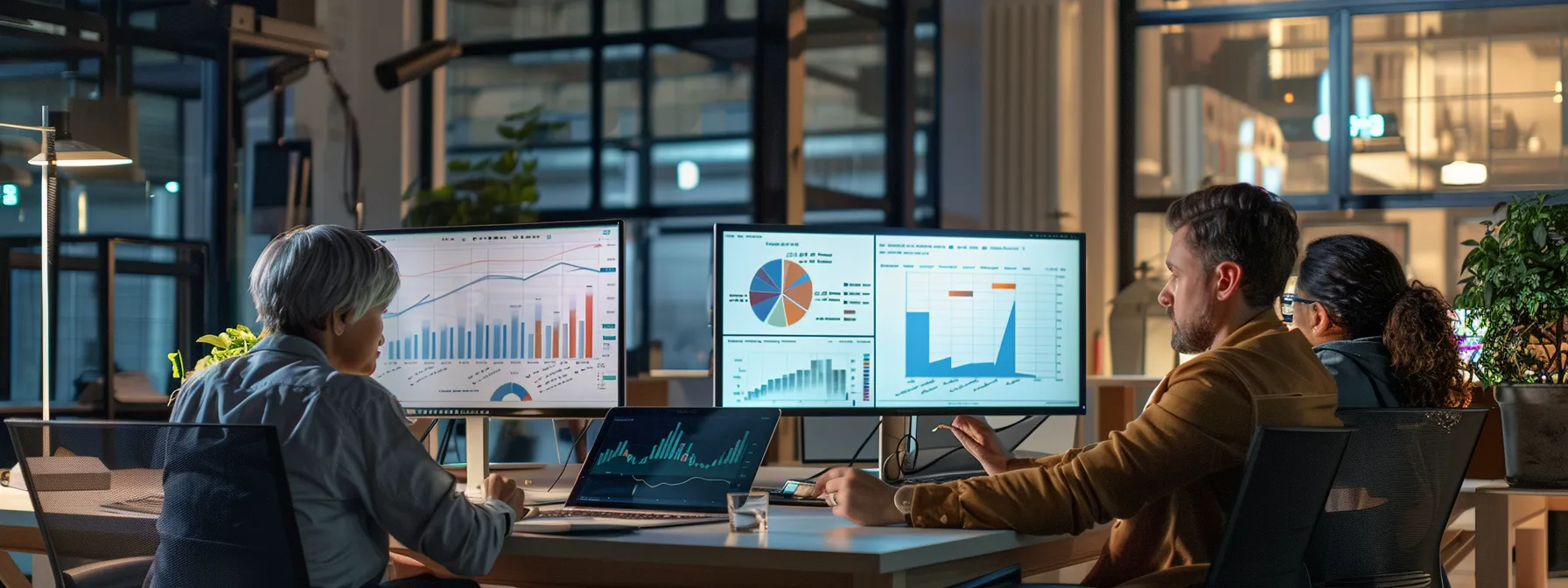 a team of analysts working together on computers, analyzing data charts and graphs.