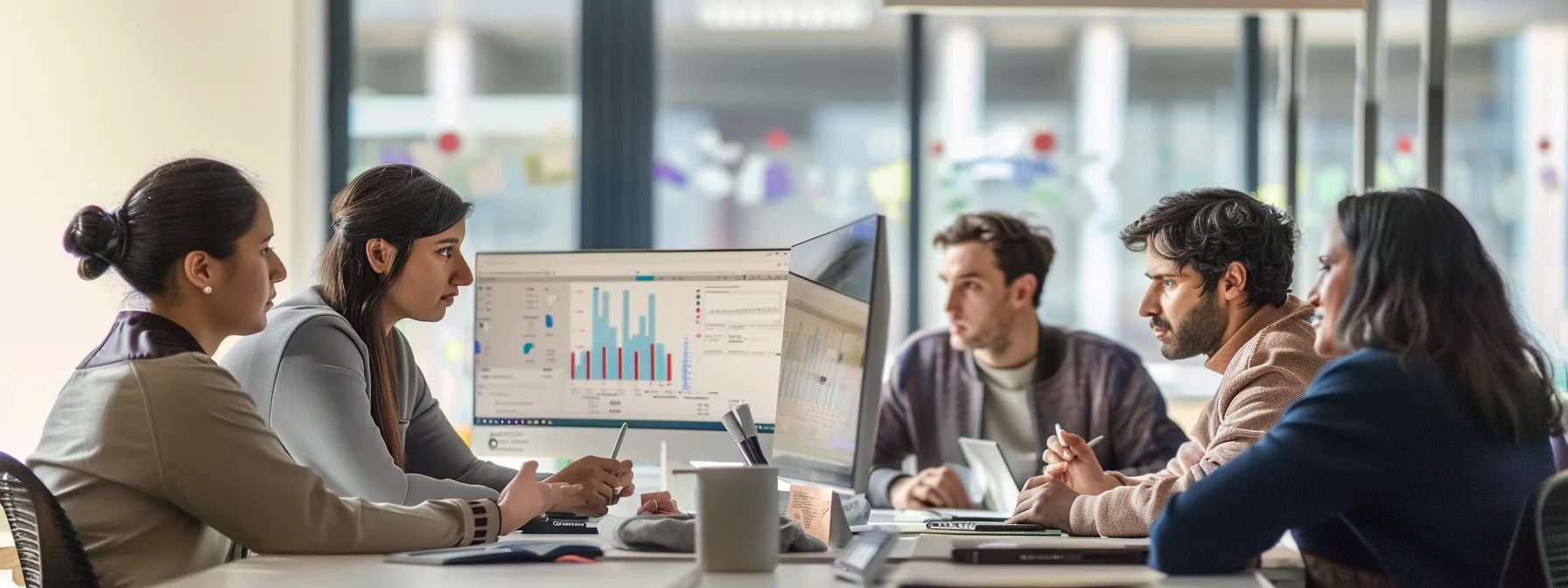 a group of people analyzing charts and data on computer screens in an office setting.