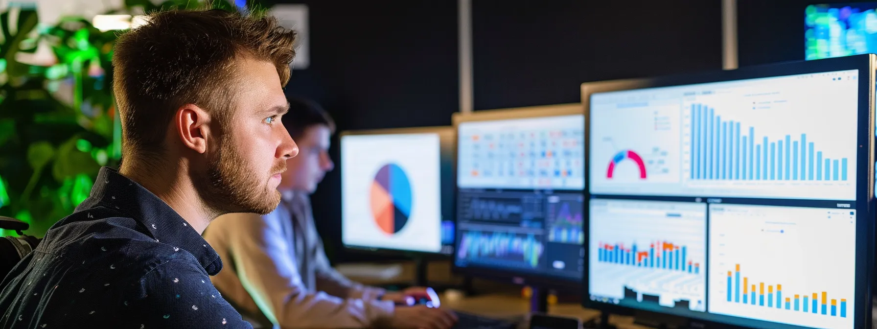 employees at a melbourne office looking at analytics charts on computer screens.