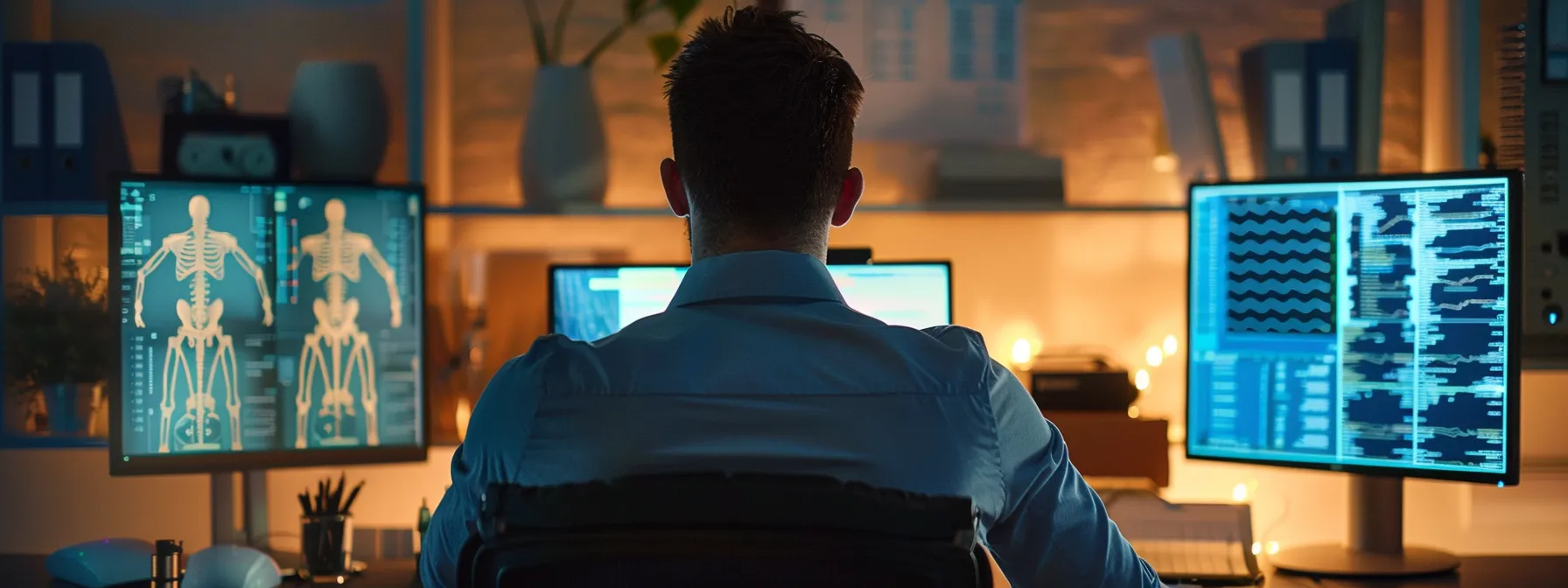 an image of a chiropractor working on a website while surrounded by computers and charts.