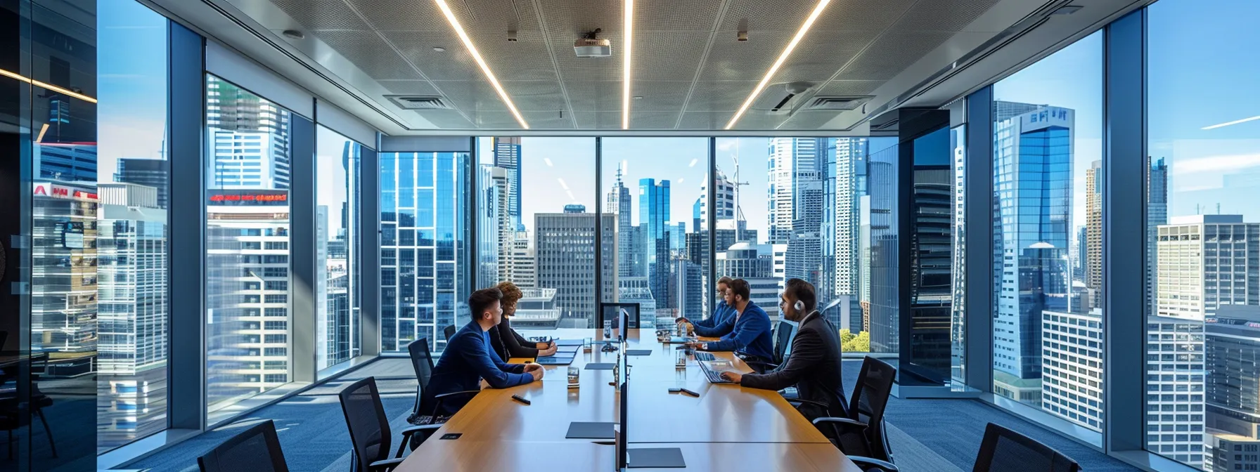 a group of professionals gather around a conference table in a modern office in melbourne, engaged in a lively discussion about seo strategies and market research.