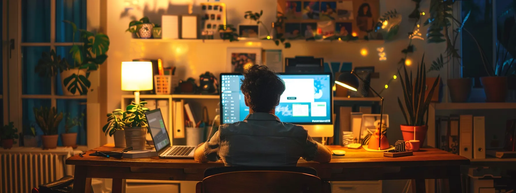 a person working on a computer, researching keywords for seo strategy in a cozy office.