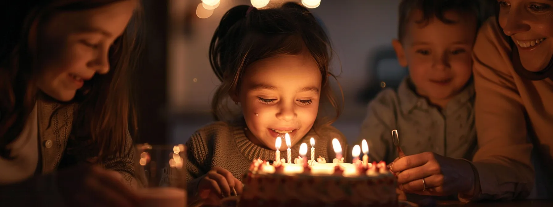 a young girl blowing out candles on a birthday cake surrounded by smiling family and friends.