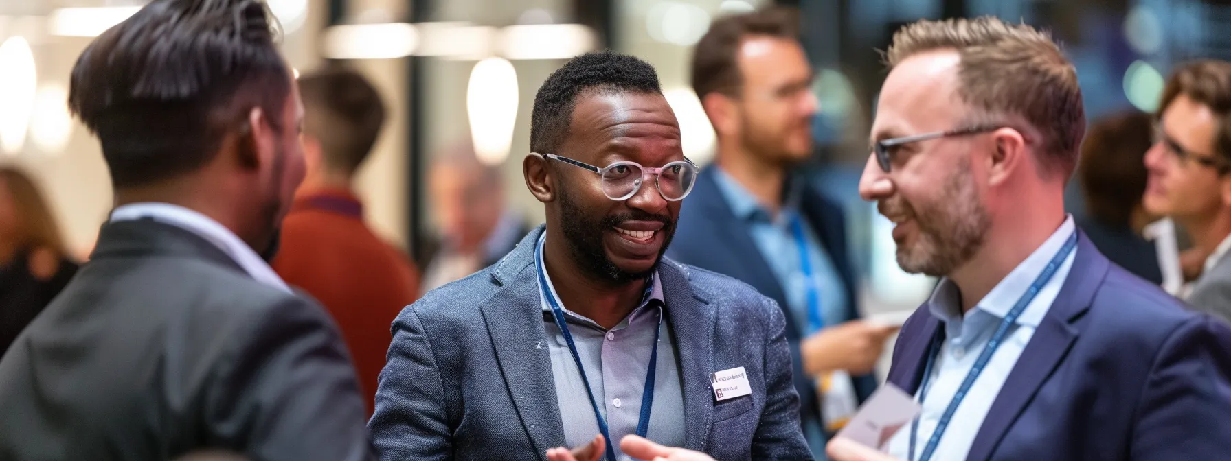 a group of diverse professionals networking at a conference, exchanging business cards and discussing collaboration opportunities.