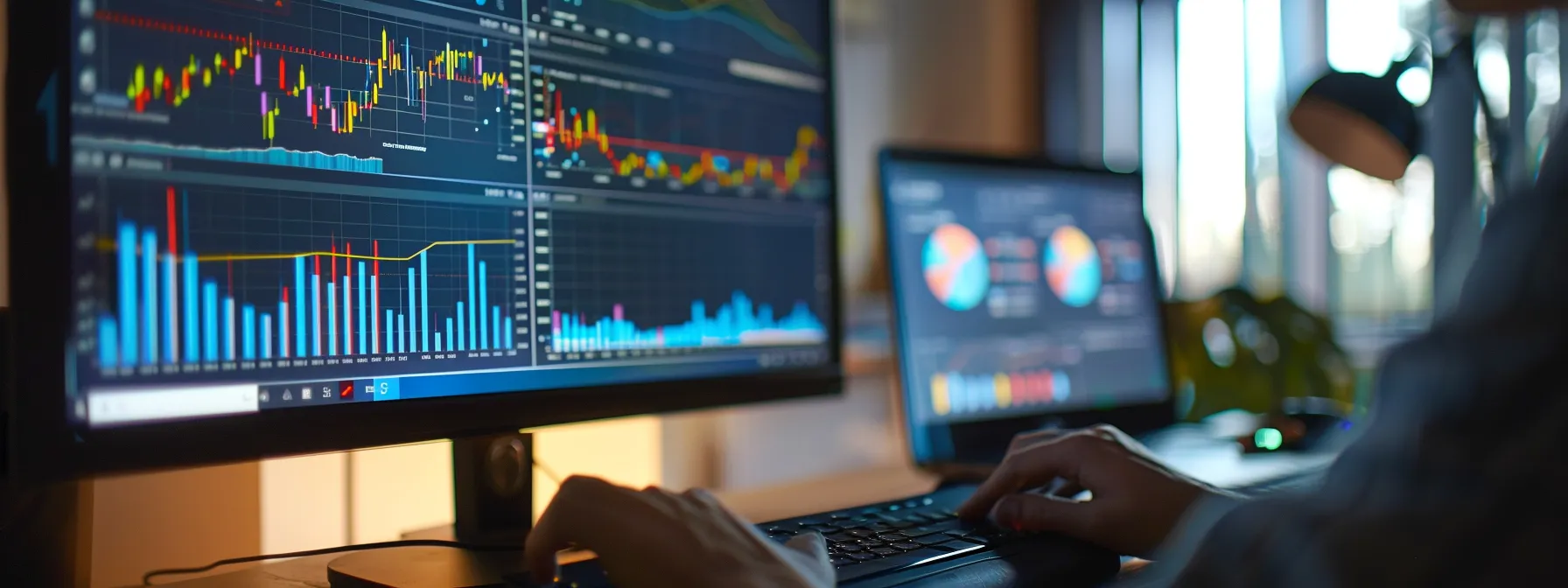 a person adjusting settings on a computer screen with graphs and charts visible in the background.