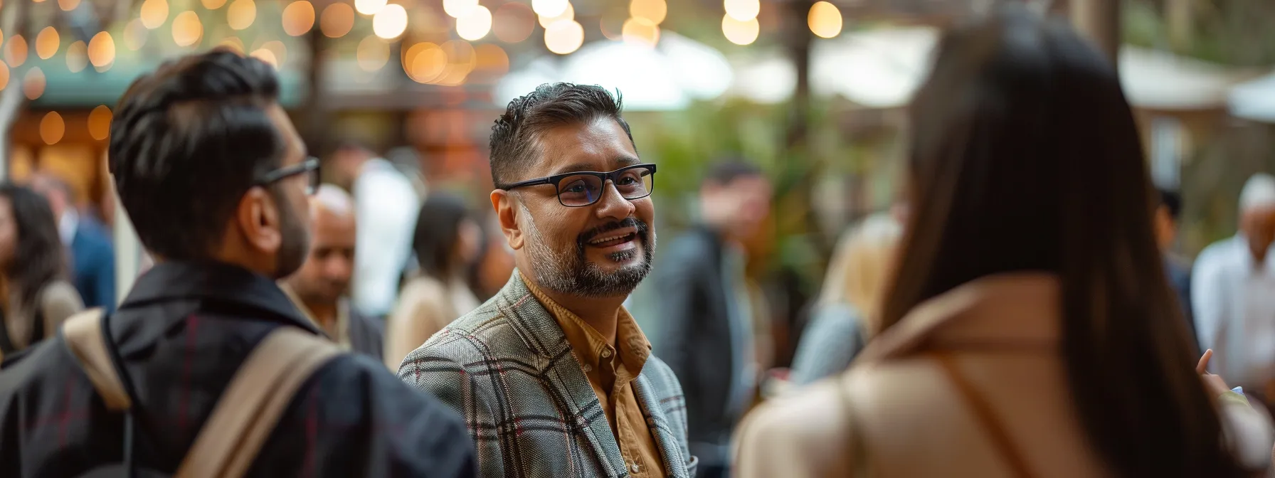 a business owner networking with professionals at a melbourne event fair.