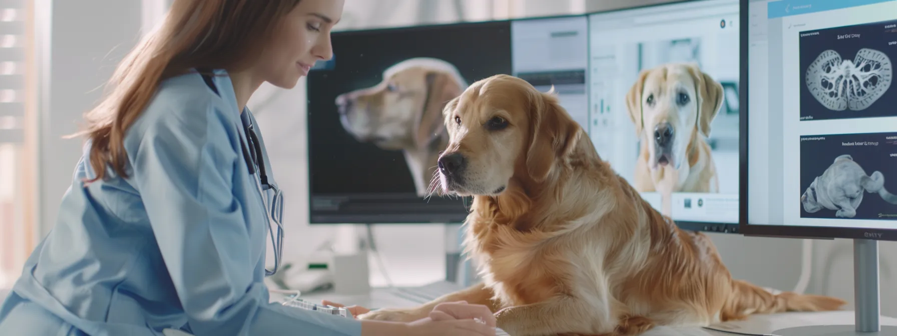 a veterinarian examining a dog with a well-optimized website displayed on a computer screen.