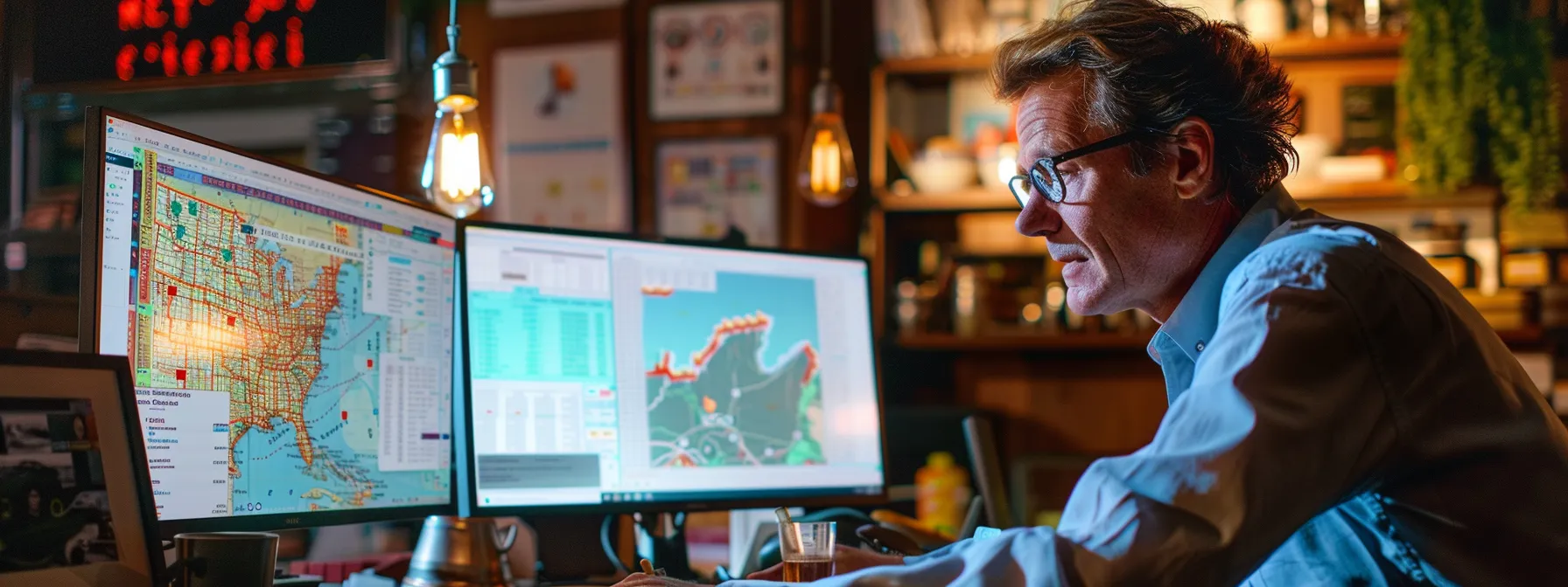 a store owner analyzing data on a computer screen with a map of melbourne, fl in the background.