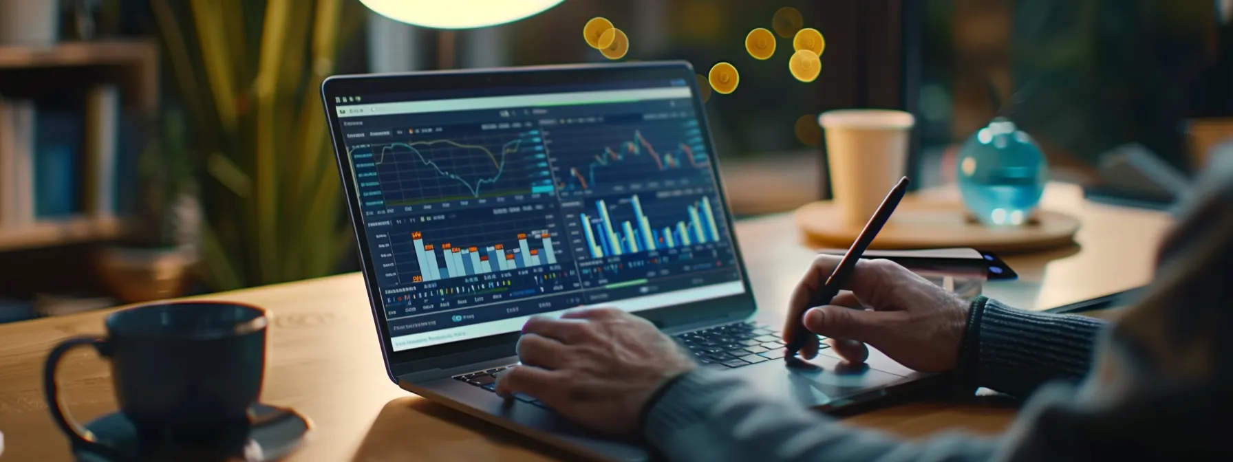 a person analyzing keyword data on a laptop with graphs and charts displayed on the screen.