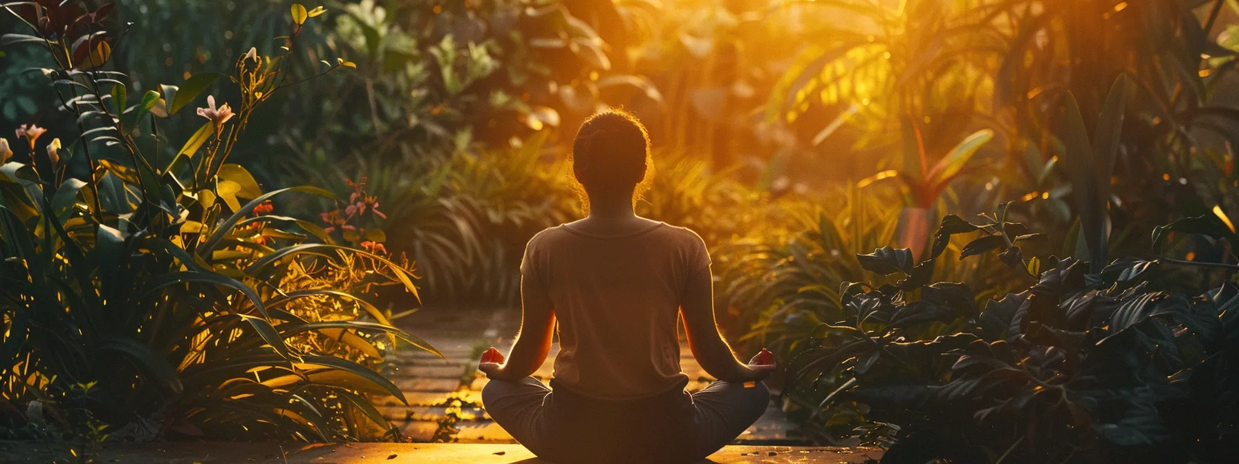 a person sitting peacefully in a serene garden, surrounded by nature and practicing mindfulness meditation.