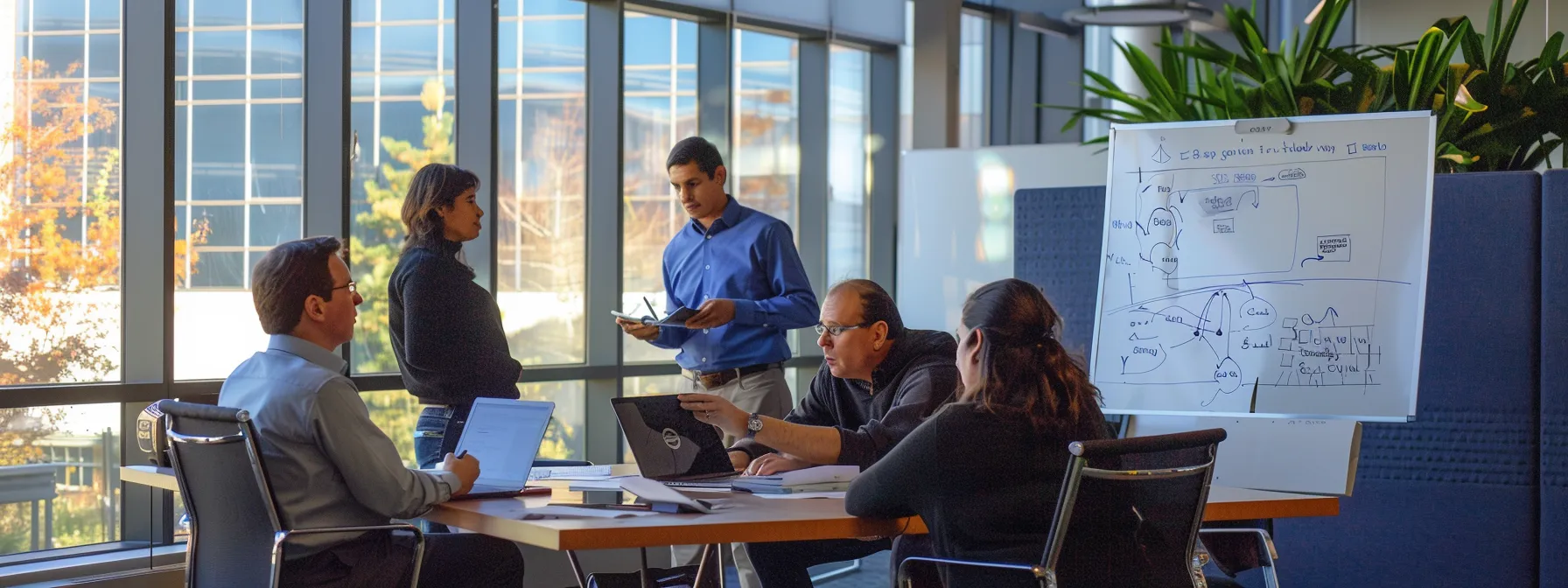 a group of professionals brainstorming and strategizing crisis communication plans in a modern office setting with a whiteboard and laptops.