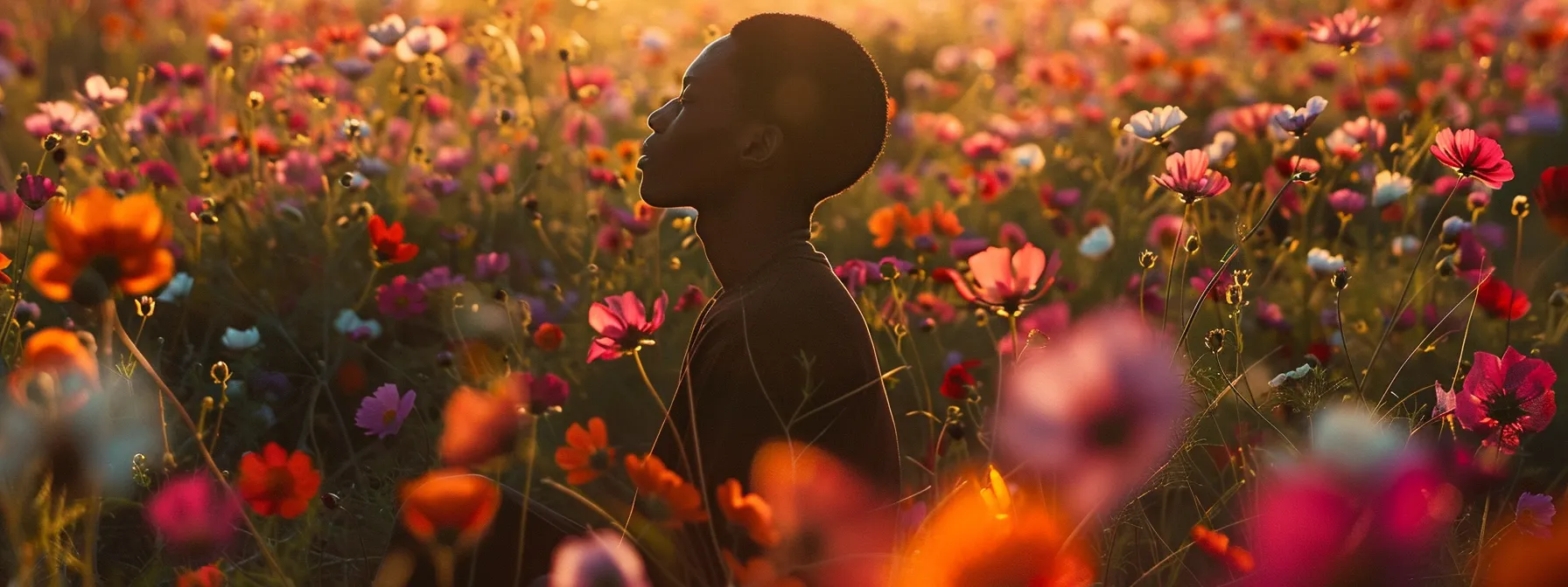 a person in deep thought surrounded by a field of blooming flowers.