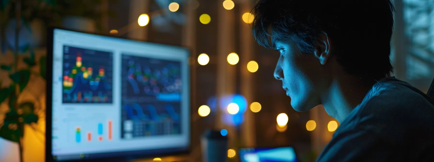 a person analyzing data on a computer screen with graphs and charts displayed.