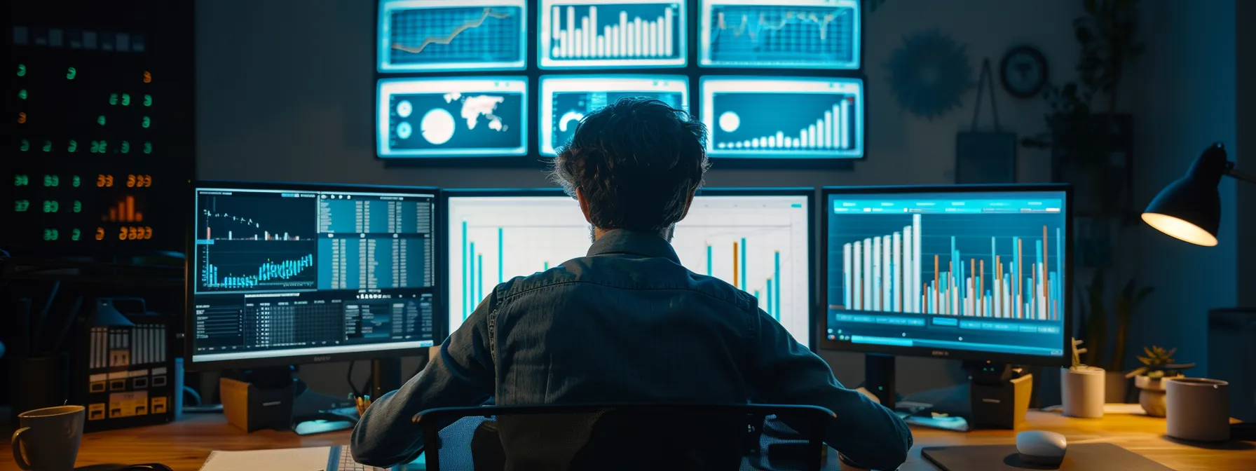 a person analyzing data on a computer screen with graphs and charts.