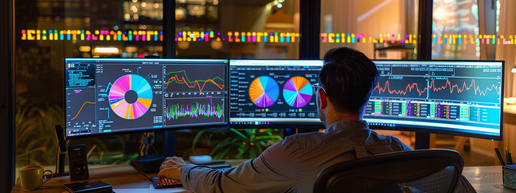 a person analyzing data on multiple computer screens in a modern office setting.