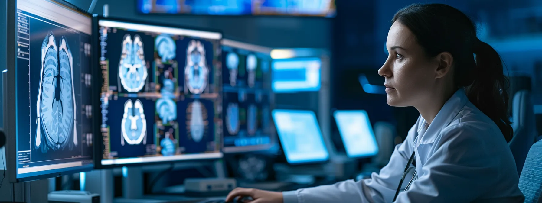 a person sitting at a computer, managing various social media platforms for a radiology practice to boost seo efforts.