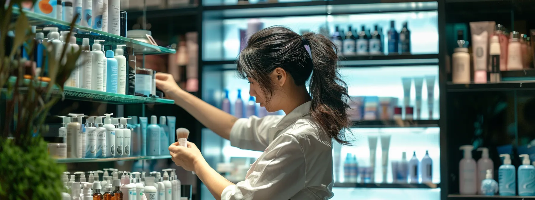 a beautician working on a client's hair with various hair care products on display in the background.