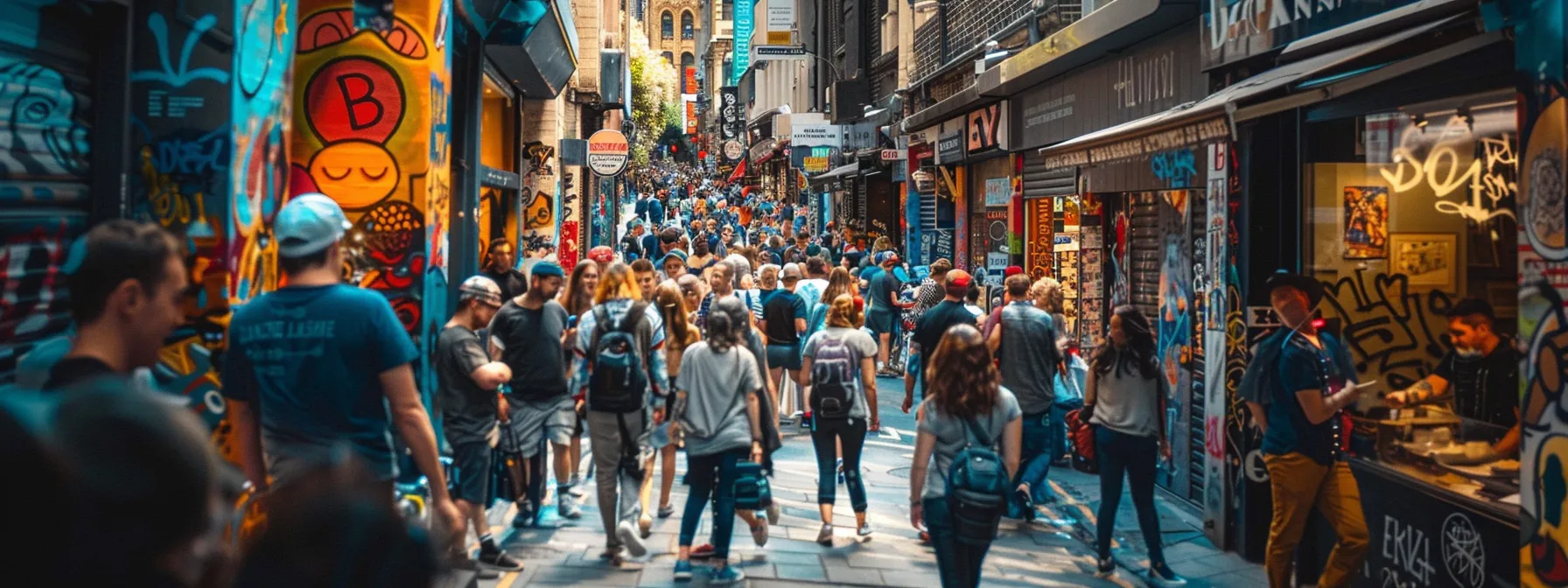 a bustling street in melbourne, with vibrant street art on display and a crowd of people enjoying a local event.