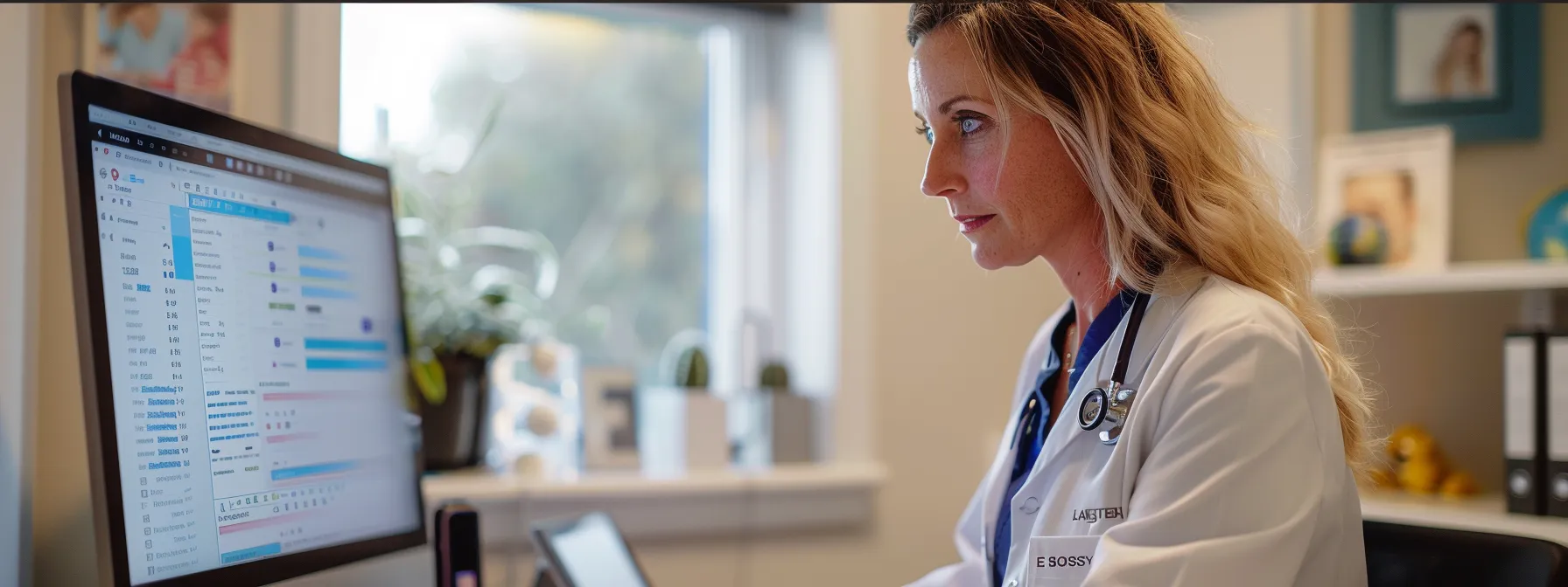 a physiotherapist analyzing a computer screen showing local search results and keyword research for their clinic's customized seo strategy.