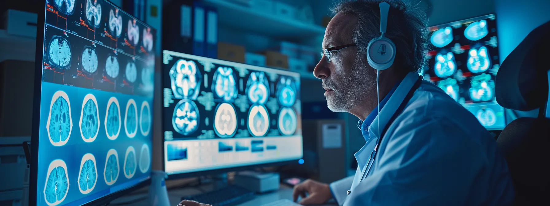 a radiologist reviewing scans on a computer screen in a modern medical office setting.