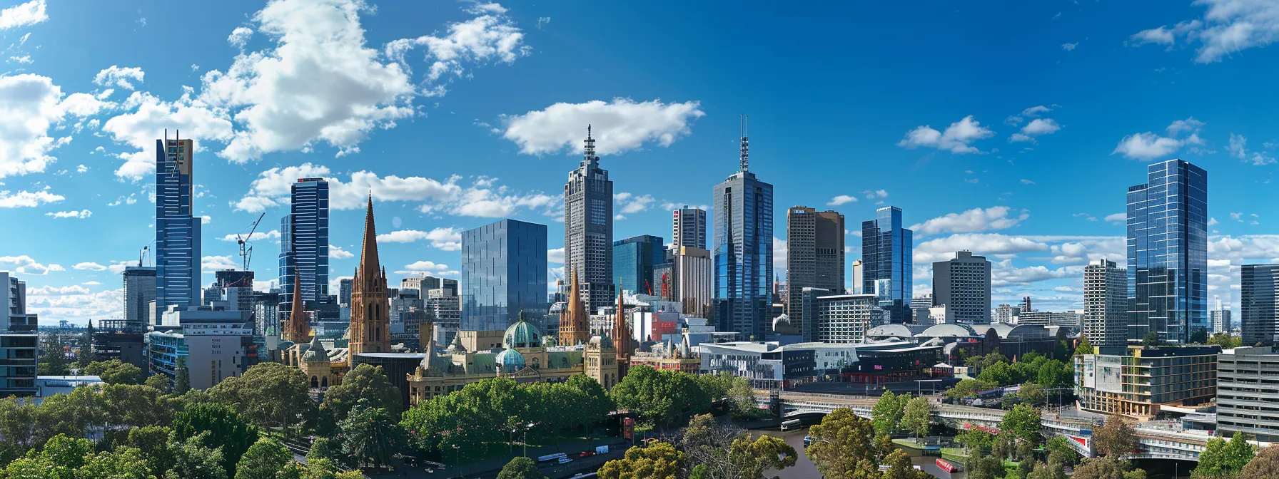 a skyline view of melbourne with iconic buildings and landmarks visible.