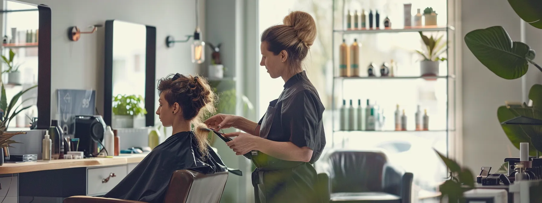 a hairstylist applying highlights to a client's hair in a bright and modern salon setting.