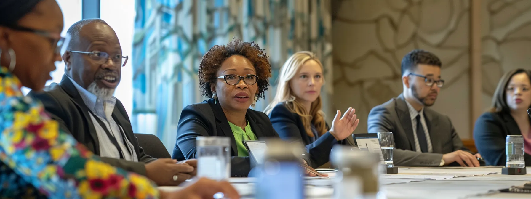 a group of diverse professionals sitting around a conference table engaged in a lively discussion.