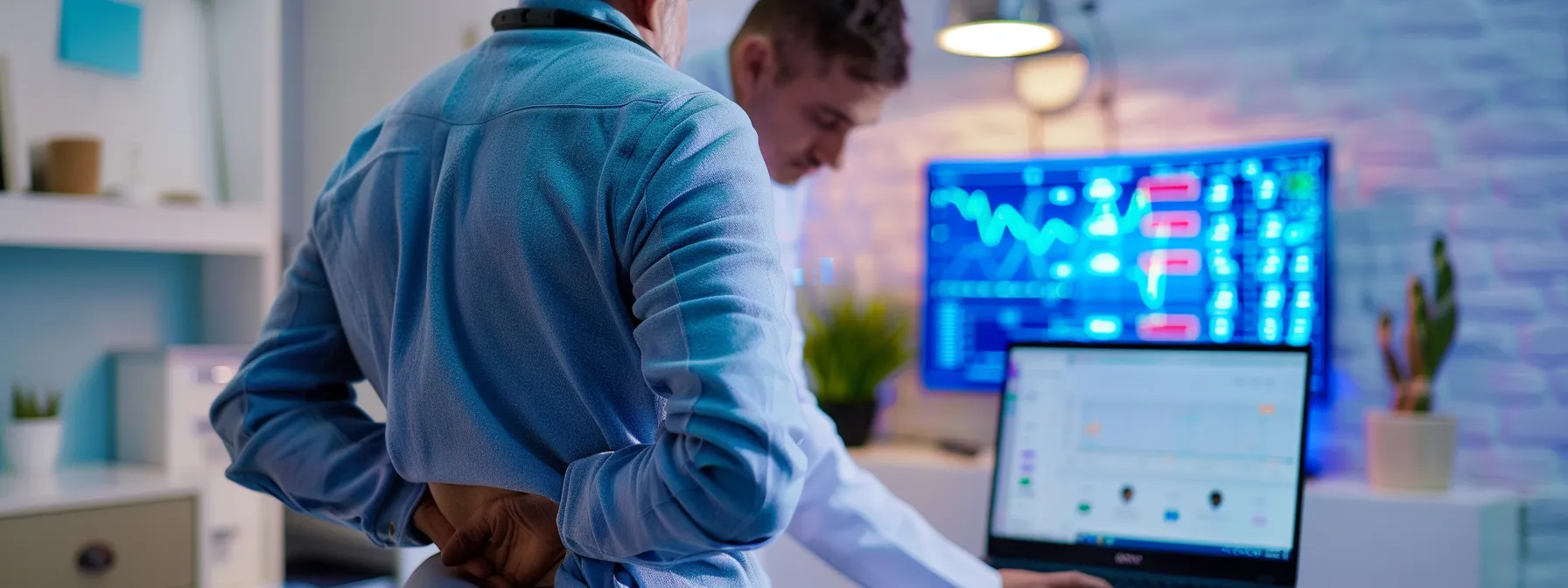 a physiotherapist examining a patient's back with a laptop showing website analytics in the background.