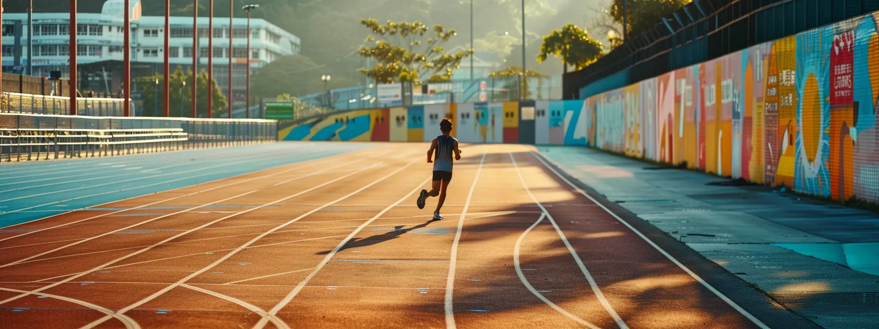 a person running on a track, in the background posters of motivational quotes.