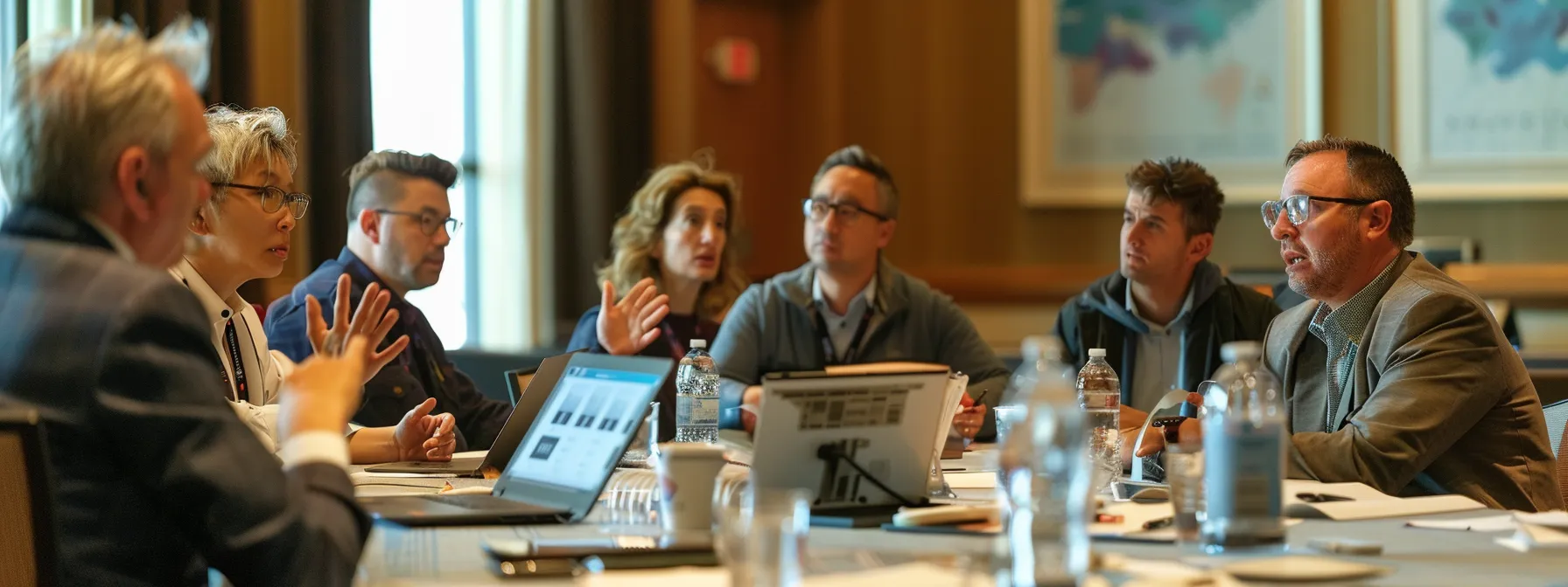 a group of professionals at a conference table discussing their lead generation strategy.