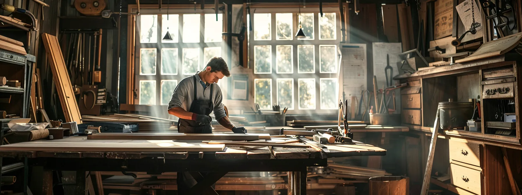 a carpenter working in a well-lit workshop with tools and wood materials.