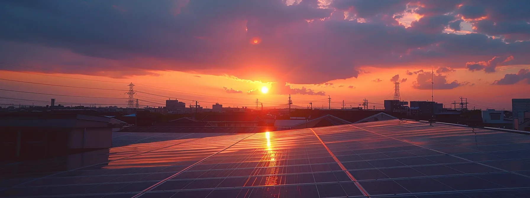 a solar panel installation on a roof with a beautiful sunset in the background.