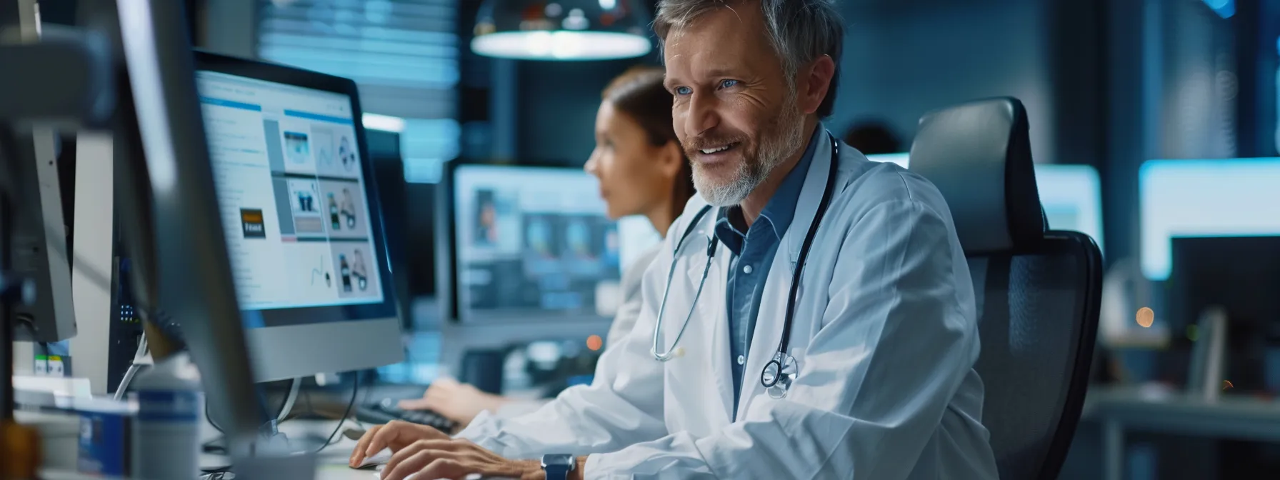 a doctor in a white coat sitting at a computer, smiling as they read and respond to messages on social media platforms.