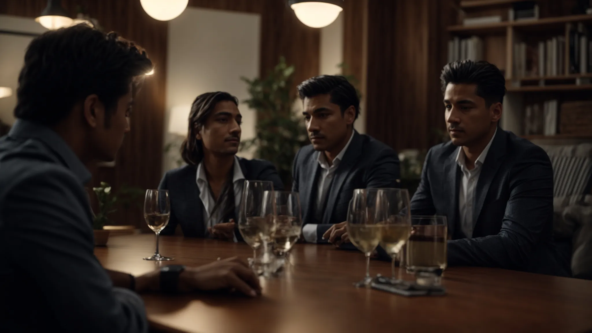 a group of business owners in melbourne gathered around a table, discussing crisis response strategies.