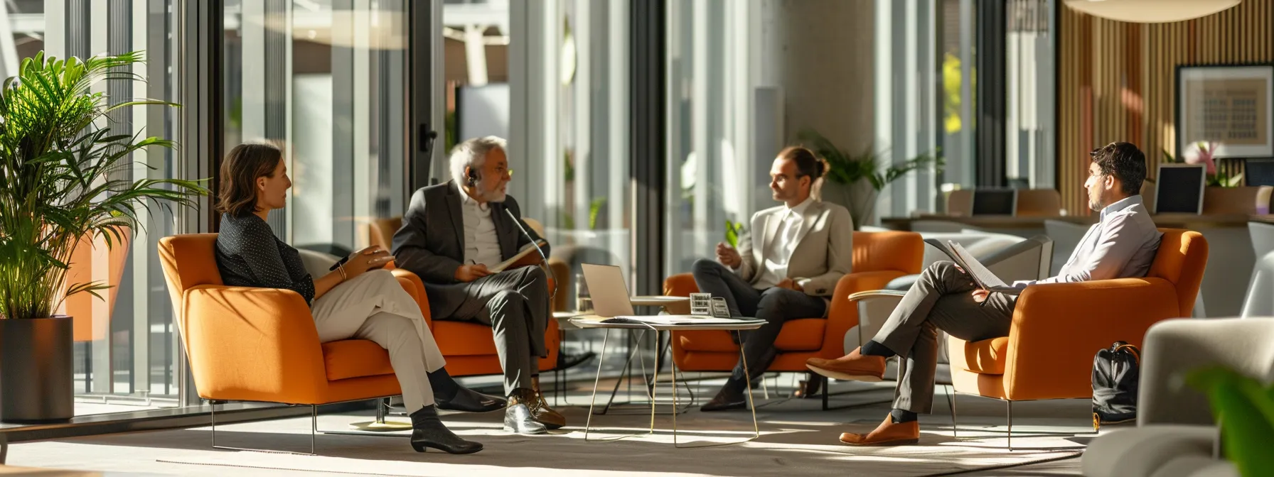 a group of professionals discussing strategies in a modern office setting.